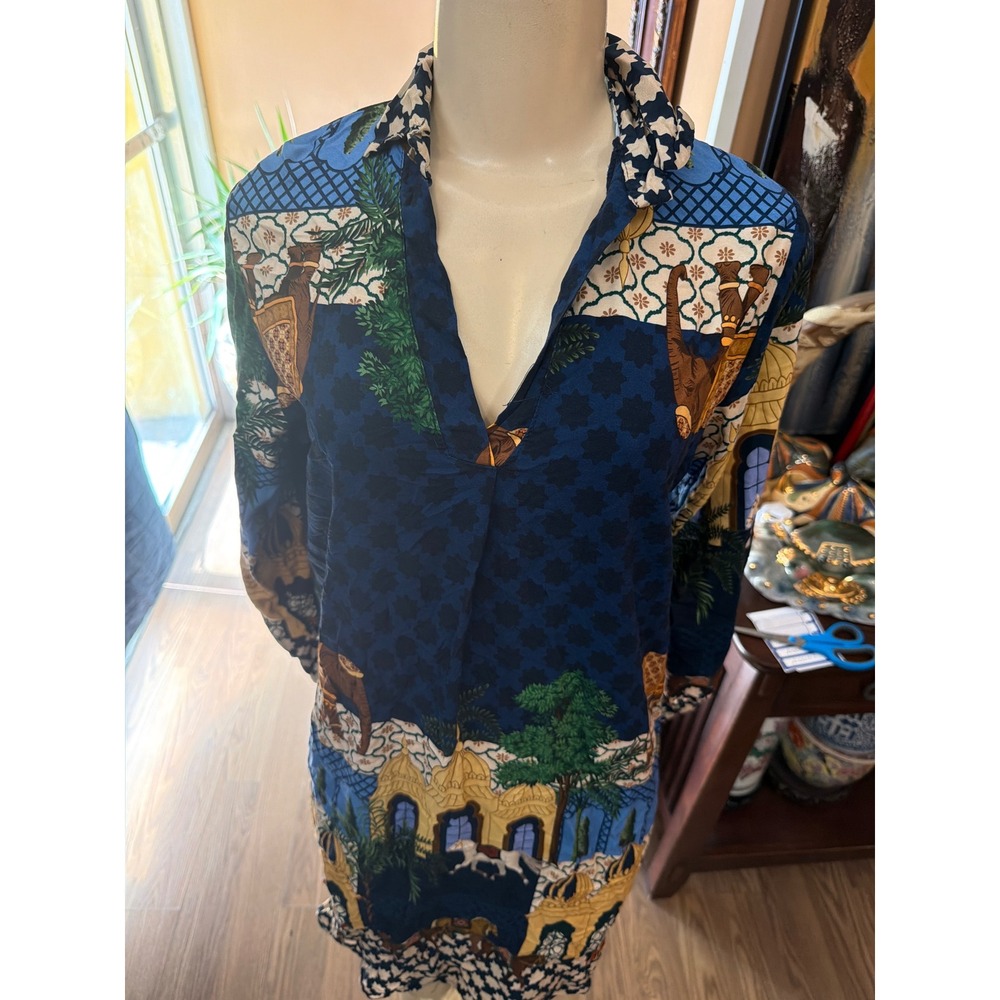 New Collection Navy Blue Elephant Print Tunic Dress Long Sleeve V-Neck Mini